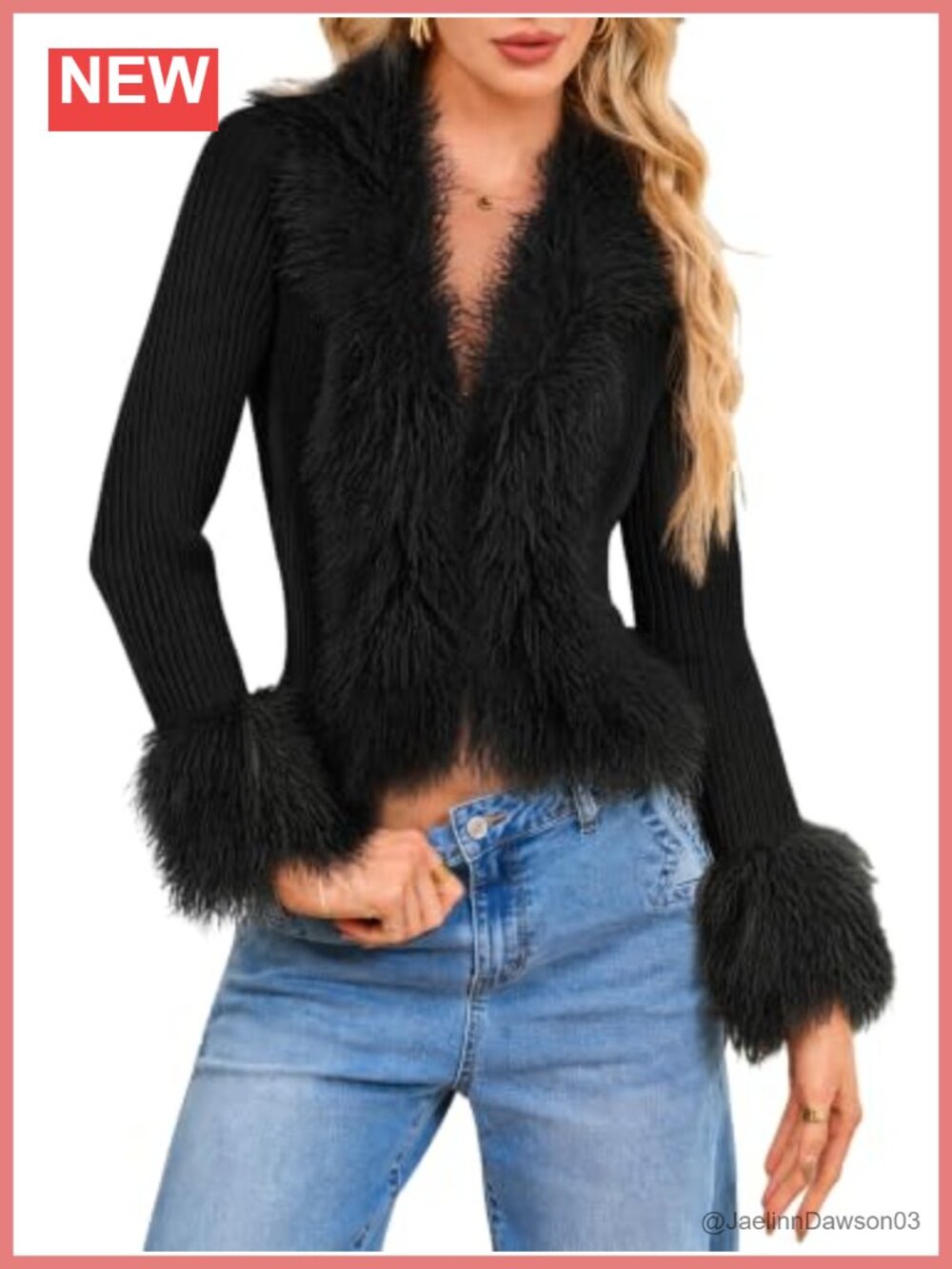 Faux Fur Trim Cropped Cardigan V-Neck Long Sleeve Zip Up Knit Sweater